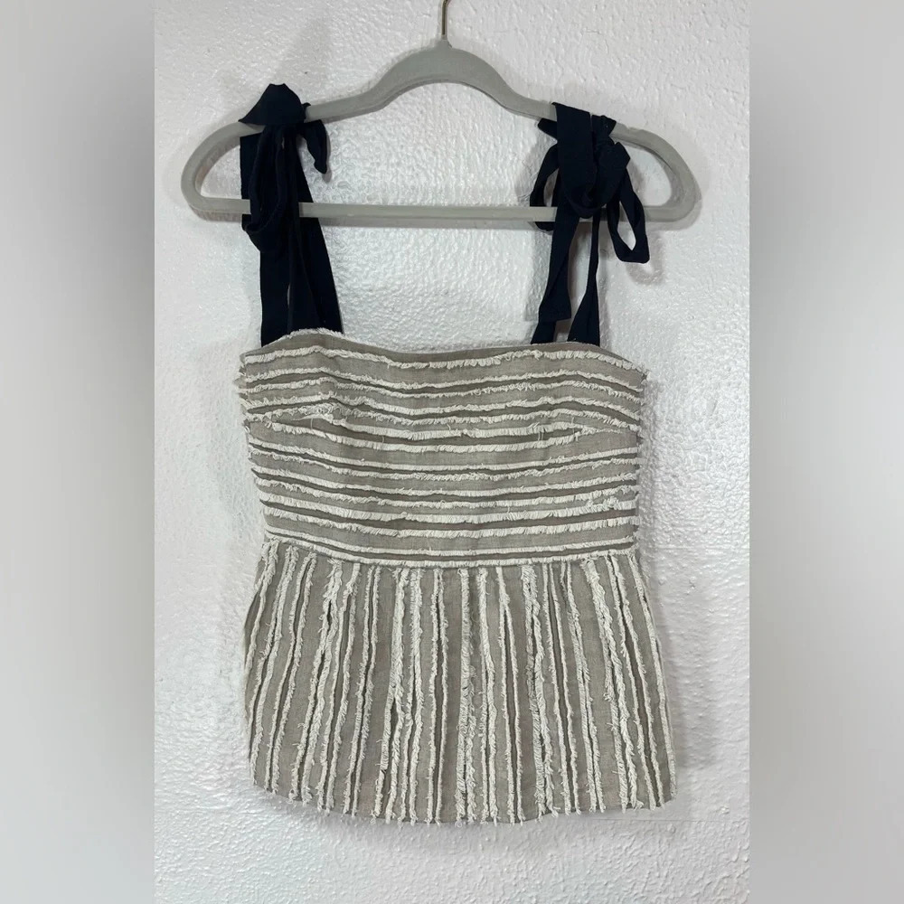Maeve Anthropologie Cotton Textured Fringe Tank Top Adjustable Ribbon Strap